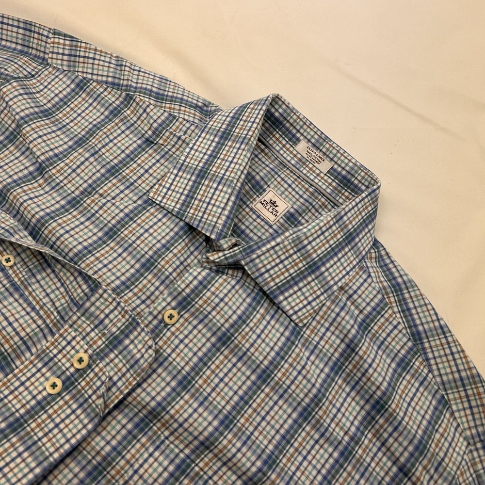 Peter Millar Men Blue Green Plaid Cotton Long Sleeve Shirt XL